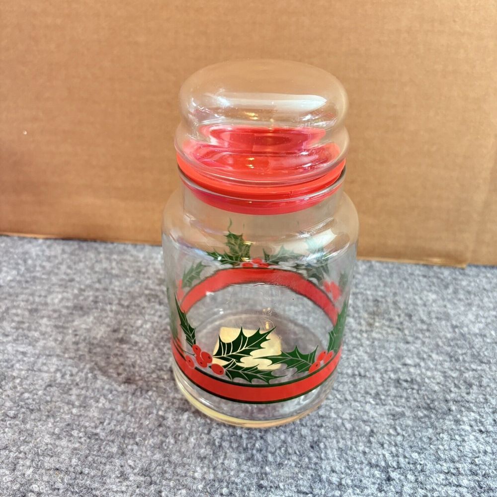 Vintage 70s‎ Christmas Glass Jar Holly Red Lid Holiday Kitchen Canister 80s